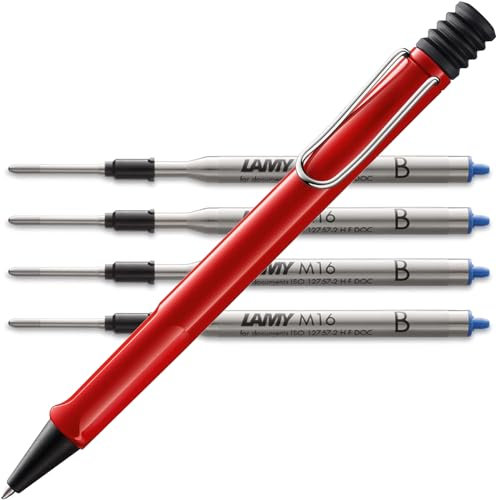Lamy safari Kugelschreiber - mit ergonomischem Griff aus robustem ASA-Kunststoff - inkl. Großraummine M 16 in Strichbreite M in schwarz und 4 in blau B Bundle (M, red)