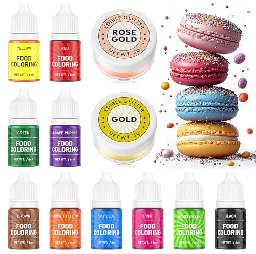 Edible Glitter 2 Colours & Food Colouring 10 Colours - Waysroma Food Coloring Liquid & Shimmer Luster Dust for Cake Decorating Baking Fondant Drinks Cookie