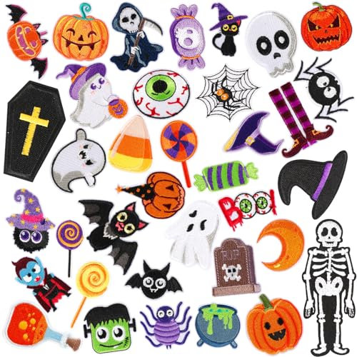36 Stück Halloween Herbst Bügelbilder Halloween bestickt Nähen Applikation Reparatur Patch Niedlicher Totenkopf Kürbis Geist Schwarze Katze Hexe Fledermäuse DIY Handwerk für Kleidung Jacke Jeans Hosen