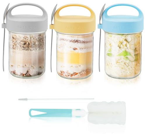 Mulaibdin 3 Stück Overnight Oats Gläser, Müslibecher to Go mit Löffel, Overnight Oats Behälter Glas 430ml, Joghurtbecher to Go mit Geschenktüten Transparent, Einmachgläser für Porridge,Müsli