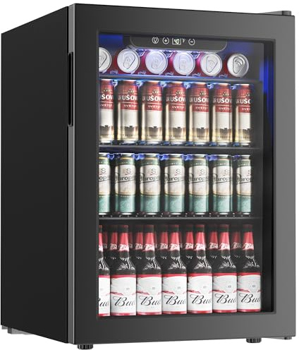 Icyglee - Refrigerador de 100 latas, mini puerta de vidrio para nevera de 2.7 pies cúbicos, para bebidas de cerveza, vinos, nevera de bebidas no empotrado con estantes ajustables, LED azul para el