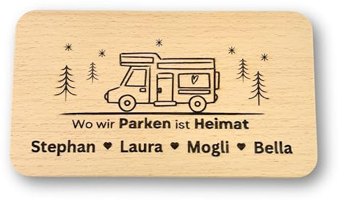DwieDeko Personalised Camping Gift - Wooden Breakfast Board, Engraved with Name or Text, 22.5 cm x 12.5 cm, Light Brown, Solid Wood, Cutting Board