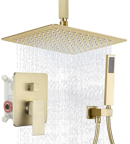 BANGPU Ceiling Mount Shower Fitting Set 25.4 cm Rain Shower Head with High Flow Hand Shower Bathroom Shower System Set with Valve Ceiling Rain Shower Head System Brushed Gold