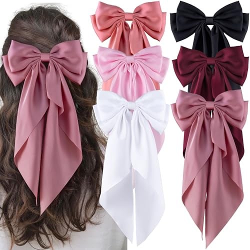 hisial 6Pcs Large Bows Hair Clips for Women Girls Long Tail Hair Ribbon Silky Satin Barrettes Coquette Bows Accessories (Black/Pink/Red/White)