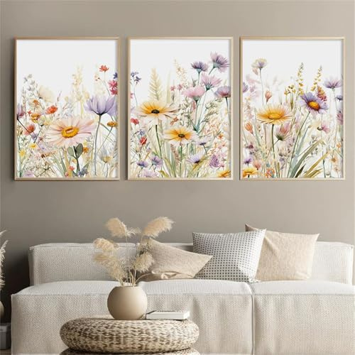 champracer 3er Blumen Vintage Poster Set Bilder, Bunt Blumen Poster Schlafzimmer Wandbilder, Blumen Leinwandbilder, Stilvolle Kunstdrucke für Wohnzimmer Deko, Ohne Rahmen (50x70 cm)
