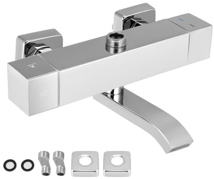 Square Thermostatic Shower Mixer,Dual Outlet Faucet Shower Valve, Hot and Cold 3-Position Square Shower Rod, Stainless Steel Hanging Shower Faucet with 3/4 G Top Spout and 1/2 G Bottom Spout