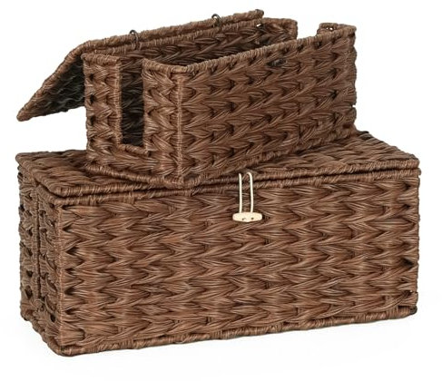 2 Stück Kabelbox, Handgefertigte Rattanimitation Kabelmanagement Box, Bambus Kabel Organizer Box mit Abdeckung, Kabelaufbewahrung mit Seitlicher Öffnung zum Verstecken von Kabeln, Geeignet für Zuhause