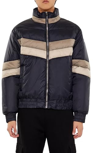 Forever 21 Men's Colorblock Funnel Neck Puffer Jacket Coat, Black/Multi, M