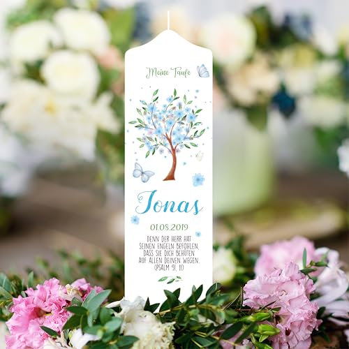 Wandtattoo Loft Taufkerze Junge mit Taufspruch, Motiv Baum mit Blüten, 25cm x 8cm, personalisierte Kerze, bedruckte Kerze Taufe, Stumpenkerze zur Taufe, individuelles Taufgeschenk