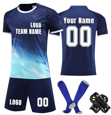 Generisch Herren Personalised Fußball Trikot Atmungsaktiv Football Spieltrikot Individuelles Fußballtrikots Sport Jersey Anzug Fussball T-Shirts Shorts Socken Schienbeinschoner Set A07 Dark Blue