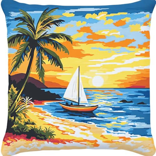 ASONGLINGO Kreuzstich Knüpfkissen Zum Selber knüpfen Kissen Set Knüpfpackungen Für Anfänger, Diy-Kissen, latch hook kits,Heimdekoratio 43x43cm(Ozean-Segelboot-Landschaft)