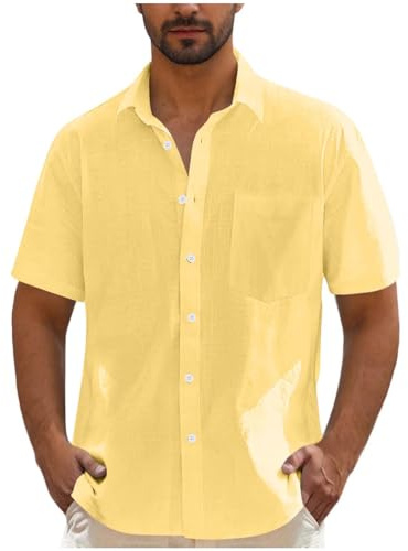 Chemise en Lin Homme Manches Courtes Été Coton Chemises Henley Shirt de Couleur Unie Leger Respirant Casual de Plage Chemise en Lin Marron Foncé avec Manches Courtes Col Mao Hommes Respirant Haut Top
