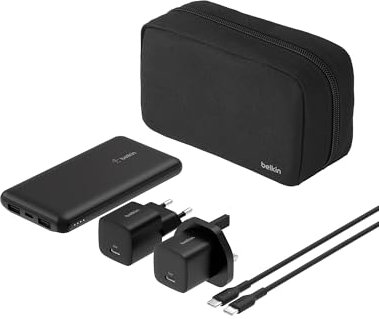 Belkin Kit de Accesorios de Carga portátil 5 en 1, Batería Externa de 10 000 mAh, 2 Cargador USB-C de 25 W (Enchufe Europeo y británico), Cable USB-C de 60 W y Estuche de Transporte, Carga rápida
