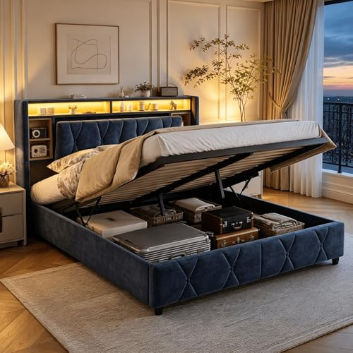 Lit Coffre 160x200cm avec LED et Prises, Lit Rembourré en Velours Gris, Tête de Lit avec Rangements, USB Type-C et Prise, Sommier à Lattes, Ouverture Hydraulique, Lit Double Adulte, Sans Matelas