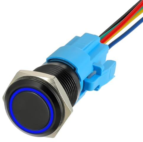 JAMHER 19mm 12V DC interrupteur à bouton poussoir autobloquant 1no1nc interrupteur SPDT avec interrupteur étanche à LED annulaire pour trou de montage de 0,74 avec prise de courant (Bleu)