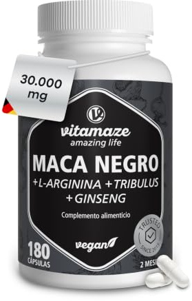 Complesso di Maca Nera Altamente Dosato, 30.000 mg per Dose Giornaliera, 500 mg di Estratto di Maca 20:1 con L-Arginina, Tribulus, Ginseng, Zinco, Vitamine B, 180 Capsule Vegane, Made in Germany