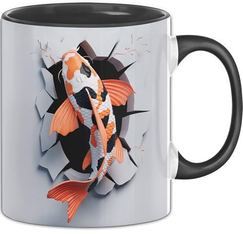 3D Koi Fisch Tasse Geschenk Koi Fisch Durchbruch Wand Spruch Geschenkidee für Koi Fisch Liebhaber (Schwarz)