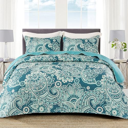 Whale Flotilla Tagesdecke 240 x 260 cm Leichter Bedruckter Bettüberwurf | Sofaüberwurf, Steppdecke, Bettwäsche mit 2 Kissenbezüge, Weiche, Atmungsaktivfür, für alle Jahreszeiten, Grün Paisley