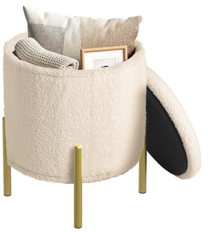 WOLTU Ottoman Storage Box, Round Foot Stool for Living Room, Bedroom or Hallway, with Lid and Metal Legs, Folding Teddy Fleece Vanity Stool, φ35 x H41 cm, Beige
