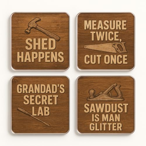 Acrylic Coaster Gift Set of 4 with Humorous Tool Designs - Rustic Shed Wisdom Drinkware for Grandad's Man Cave Decor