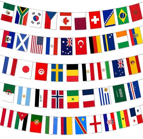 48 Länderflaggen Wimpelkette 15 m, 2026 WM Deko Flaggenkette, Beidseitig Bedruckte Stoff Fahnen 14 x 21 cm, Internationale Wimpel Girlande für EM Olympia Eurovision Party