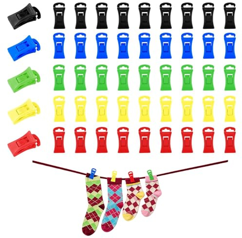 50 Sockenclips für Waschmaschine und Trockner,farbige,winddichte Sockenclips für Waschmaschine Trockner,Sockenclips mit Haken,Socken mit Clips können direkt in Schubladen gelegt werden,Sockensortierer