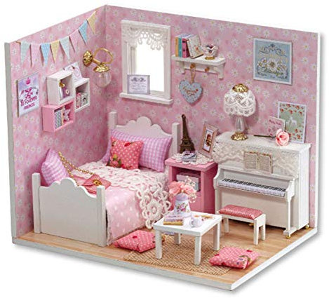 Hilitand DIY Puppenhäuser Miniatur Puppenhaus Holzspielzeug Ohne Musik für Kinder Geburtstagsgeschenk für Kind und Campus Paar große für Wohnkultur(pink)