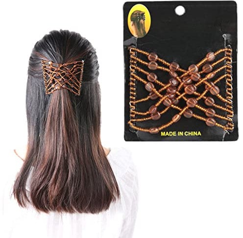 Salmue Elastischer Haarkamm, Haarschmuck mit Perlenkamm, doppelte elastische Perle mit Perle und Schmuck, Doppelscheibe für Damen, Zubehör (braun)