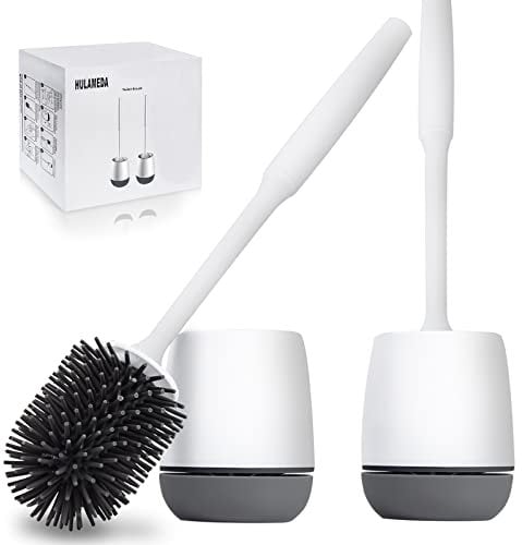 Hulameda Toilet Brush and Holder 2 Pack, Silicone Toilet Cleaning Brush with Quick Drying Holder, 3.2 x 5.5 Inches, Gray & White, (Flooring/Mounted Wall)