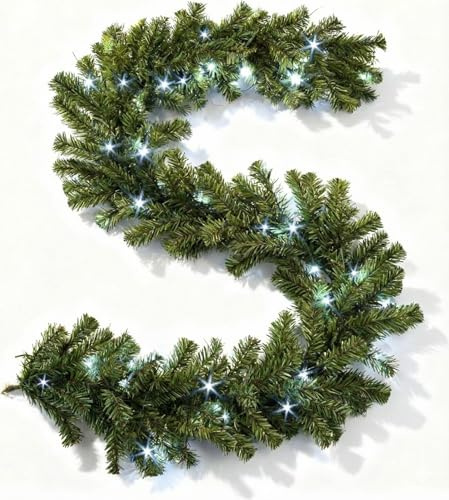 2m Christmas Garland with Cool White LED Lights - Imperial Green Pine Artificial Garland for Home, Office, Fireplace, Doorways, Stairs,Arch,Mantle Holiday Decorations