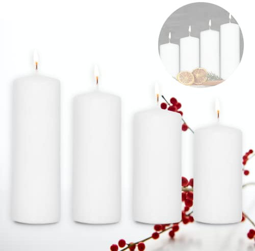 Candelo 4er Set Stumpenkerzen Weihnachten Ambiente Kerzen - Weiß – 12/14/16/18cm - Advent Kerze Weihnachtsdekoration - Weihnachtskerzen Adventskranz