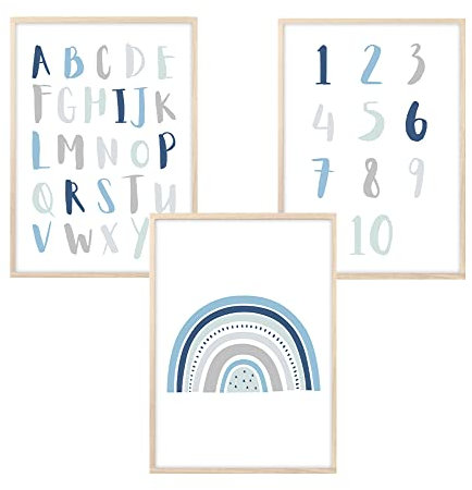 MeinBaby123® Bilder Kinderzimmer | 3er Set A4 Poster | Alphabet ABC Lernposter Zahlen Regenbogen | Deko Kinderzimmer Jungen | Babyzimmer | Wandposter Premium (ABC, Regenbogen, Zahlen - blau)