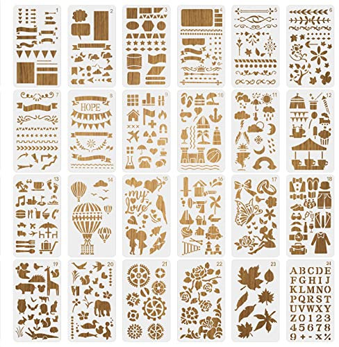 MWOOT 24 Stück Tagebuch Schablonen Journal Stencils Set, Wiederverwendbares Malerei Vorlage Bemalen Zubehör, DIY Schablone zum Malen an Scrapbooking Planer Notizbuch Wand Dekoration (17.8x10.4CM)