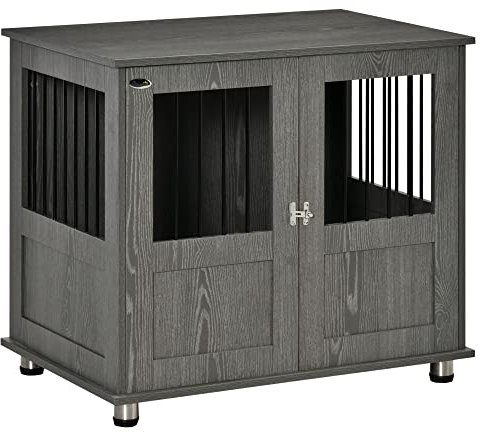 PawHut Dog Crate Furniture End Table, Pet Kennel for Small and Medium Dogs with Magnetic Door Indoor Animal Cage, Grey, 85 x 55 x 75 cm