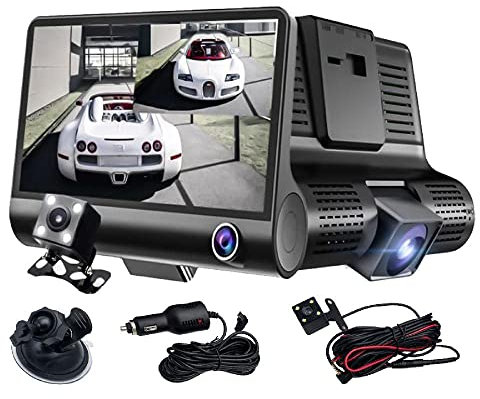 Baceyong 1080P Dash Cam Front and Rear View Video Recorder 4 Inch 3 Ways Car DVR Video Recorder with 170° Wide Angle Lens Automatically Recording Dash Cam G-Sensor Front/Rear/Inside Camera