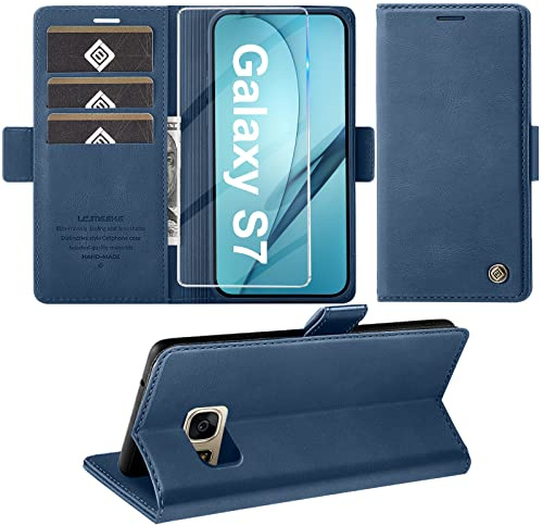 Giyer Handyhülle für Samsung Galaxy S7 Hülle mit Schutzfolie, Schutzhülle Galaxy S7 Standfunktion Premium Leder Wallet Silikon Phone Case Cover Hüllen S7 Klapphüllen 5.1 Zoll (Blau)