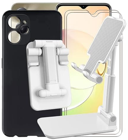 KJYF Cover per Realme 10 5G (6.6), Nero Anti-Graffio Protezione Custodia 2 Pezzi Pellicola Vetro Temperato,con Supporto Tablet Pieghevole Regolabile Supporto Telefono Cellulare (Bianco)