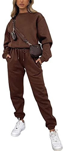 amropi Trainingsanzug Damen Pullover Sweatshirt und Jogginghose Warm Vlies Kleidungsset (Kaffee,M)