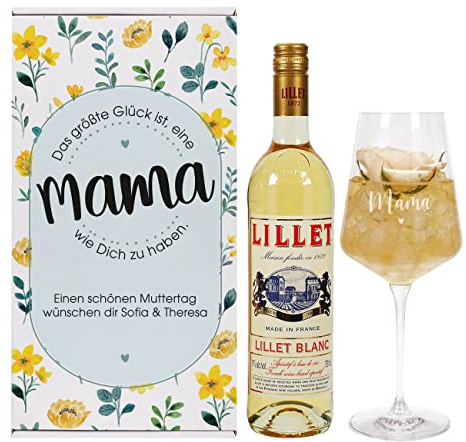 Herz & Heim® Geschenkset Eine Mama wie Dich mit Weinglas, Geschenkverpackung und 1 Flasche Lillet/Personalisiert Blanc