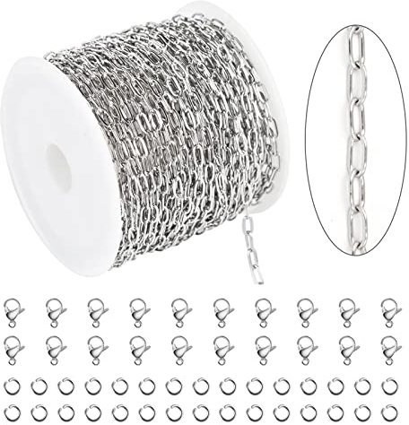 KYUNHOO Büroklammer-Ketten für Schmuckherstellung, gelötet, flache, ovale Kettenglieder auf Spule, Büroklammer, Kettenrolle mit Karabinerverschlüssen und Binderingen