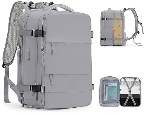 SZLX Großer Reiserucksack Damen, Handgepäck Rucksack,Wanderrucksack Wasserdichter Outdoor-Sportrucksack Lässiger Tagesrucksack Schultasche Fit 14 Zoll Laptop mit Schuhfach und Laptopfach,Olivgrün