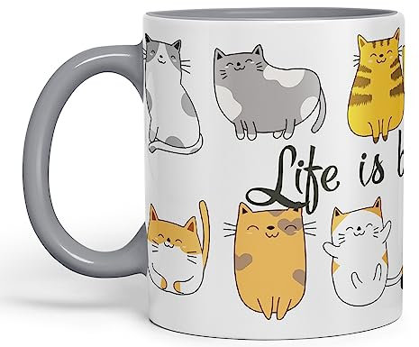 Vixar Life is Better with a cat Ceramic Coloured Mug Cup Gift Tea Coffee Christmas Office Home Cat Lovers (Grey)