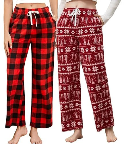 U2SKIIN Pyjamahose Damen lang kariert Schlafhose Schlafanzughosen für Damen Fleece Pyjama Hosen Nachtwäsche Freizeithose mit Taschen (Büffel Karo Rot+Weihnachtsbaum, M)