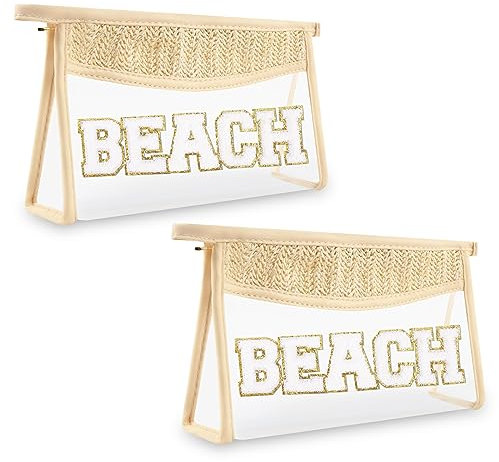 Iqimott Boho-Aufnäher, transparente Make-up-Tasche, Brieftasche, wasserdichter Reißverschluss, Make-up-Tasche, Kulturbeutel, 2 x Strand
