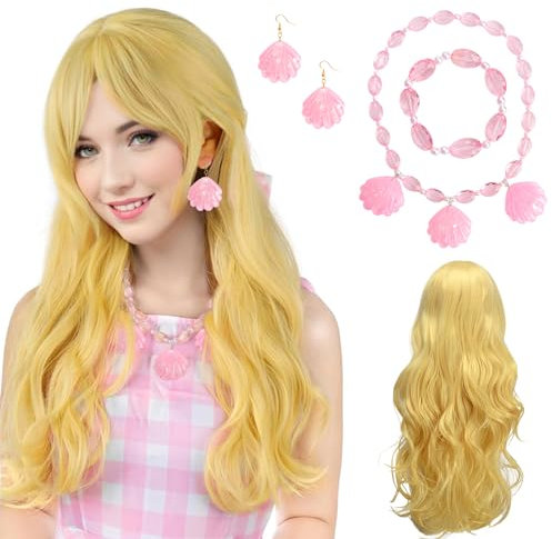 BIQIQI Perücke Prinzessin Damen Mädchen Blond Lange Gewellte Perücke Welle mit Pony Perücken mit Muschelkette, Rosa Ohrringe in Muschelform, Rosa Armband Kostümzubehör für Mädchen und Frauen
