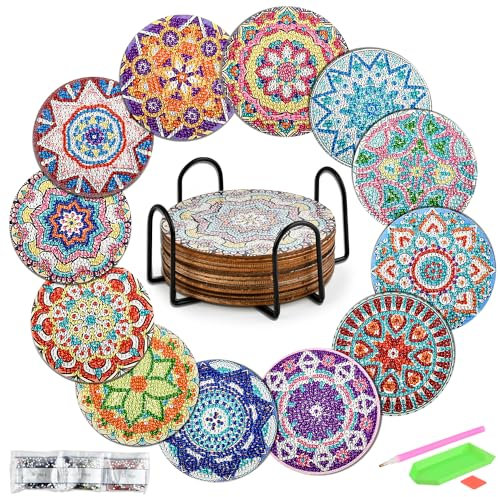 12 Pièces Diamond Painting Sous Verre Mandala Dessous de Verre avec Support&Outils,Diamant Peinture Dessous de Verre,Rond Mandala Sous-Verres Art de Diamant,Peinture Diamant Sous Verres de Diamant Art