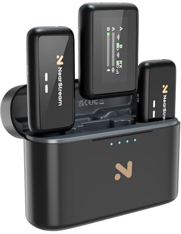 NearStream Microfono Lavalier Wireless con tecnologia ENC(la cancellazione del rumore ambientale),Schermo LCD,Distanza di Trasmissione di 200m, 20 ore di Durata,Guadagno A udio&Disattivazione Audio