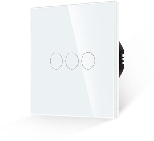 JIMEIDA Touch Light Switch 3 Gang 1 Way Pannello in Vetro Temperato Bianco Interruttore da Parete e Piastra in Vetro Senza Viti con Retroilluminazione a LED, Nessun Filo Neutro Richiesto, 500W, AC