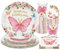 PARTY GO Juego de vajilla de fiesta de mariposa, 96 piezas, platos de papel desechables, vasos para decoración de fiesta de mariposa, juego de platos para 24 invitados