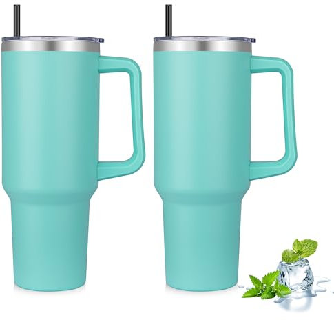 MURBONE 1200ml Doppelwandiger Edelstahl Vakuum Isolierbecher Becher mit Griff,Kaffeebecher - Edelstahl Auslaufsicher Tragbare Reisebecher Autobecher Thermobecher mit Strohhalm und Deckel(2er Set)